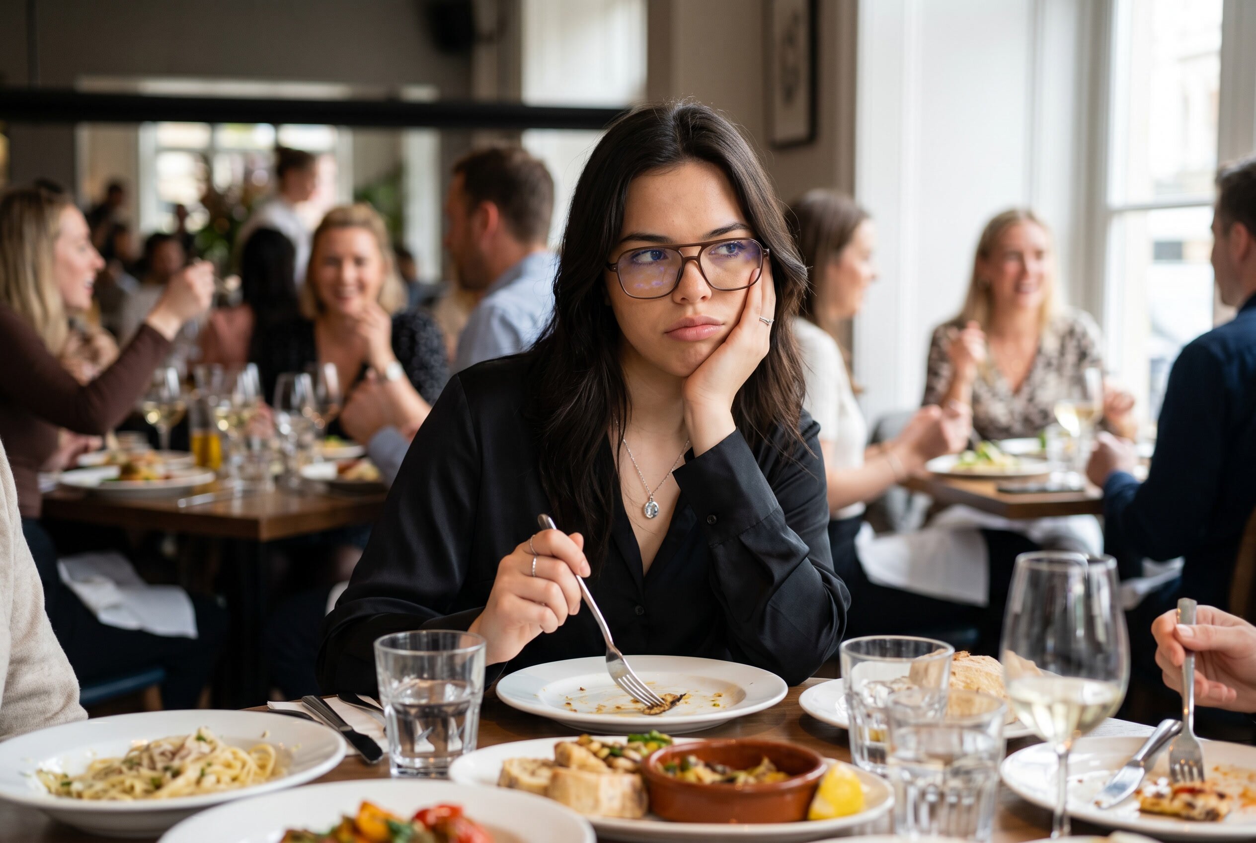 Alex sitting at a restaurant table surrounded by people talking, looking drained and disconnected — the introvert social battery running low