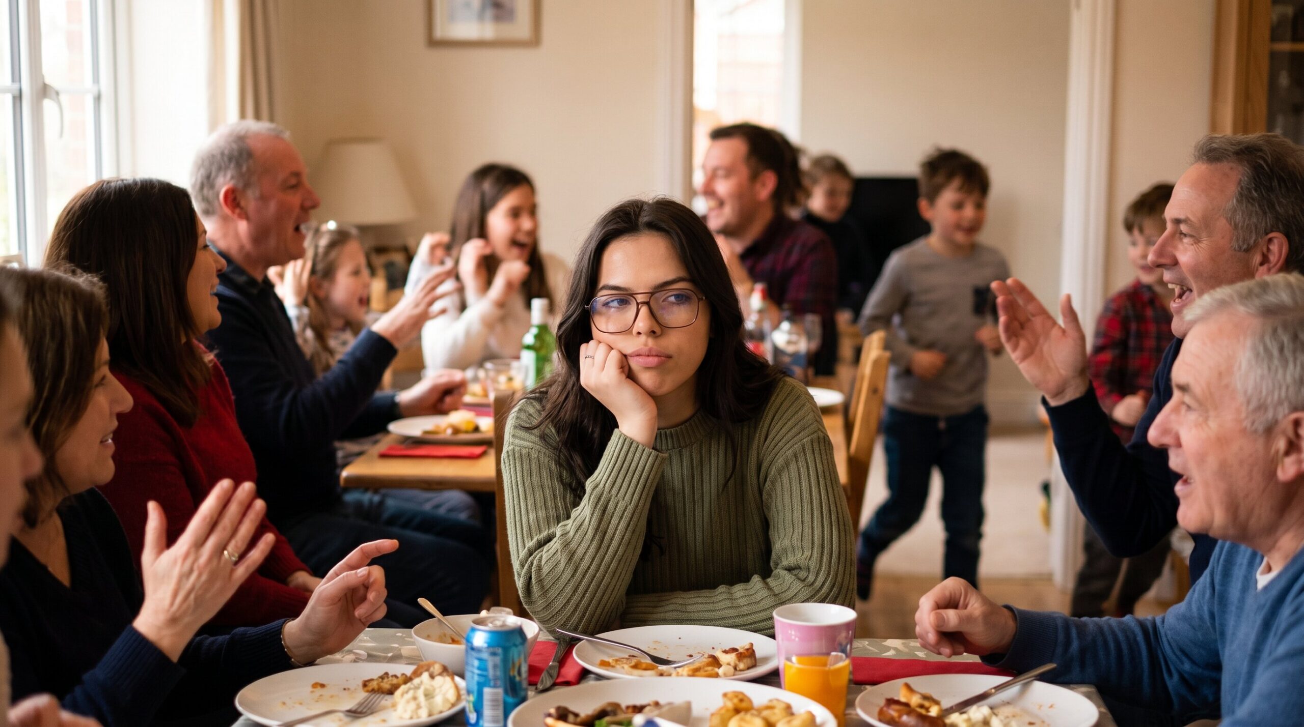 Alex at a family dinner table, surrounded by animated laughing relatives, looking quietly internal and drained