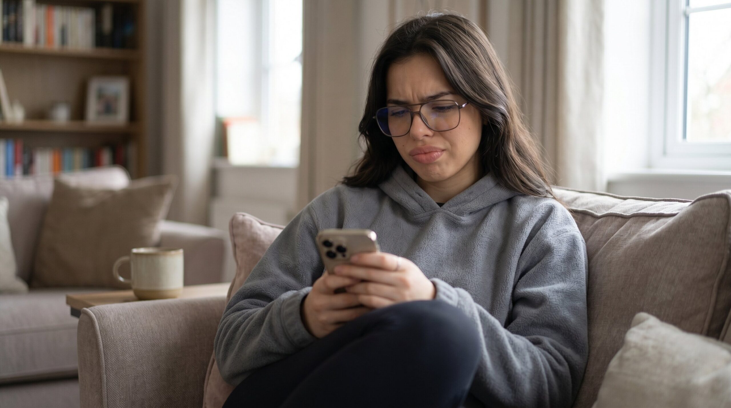 Alex on her sofa in a hoodie, composing a message on her phone with a conflicted, anxious expression