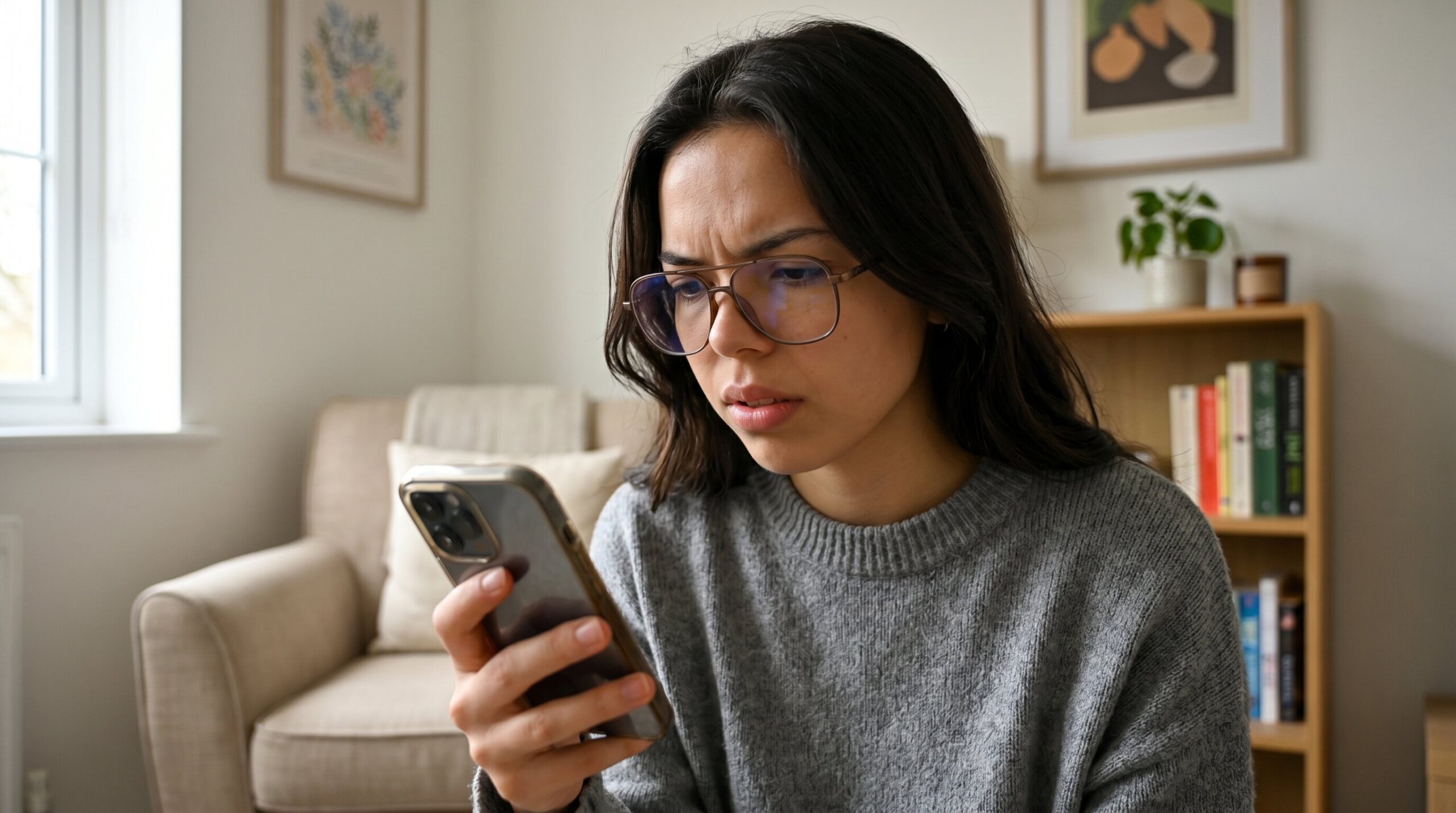Alex at home frowning at her phone, looking worried and guilty after cancelling plans