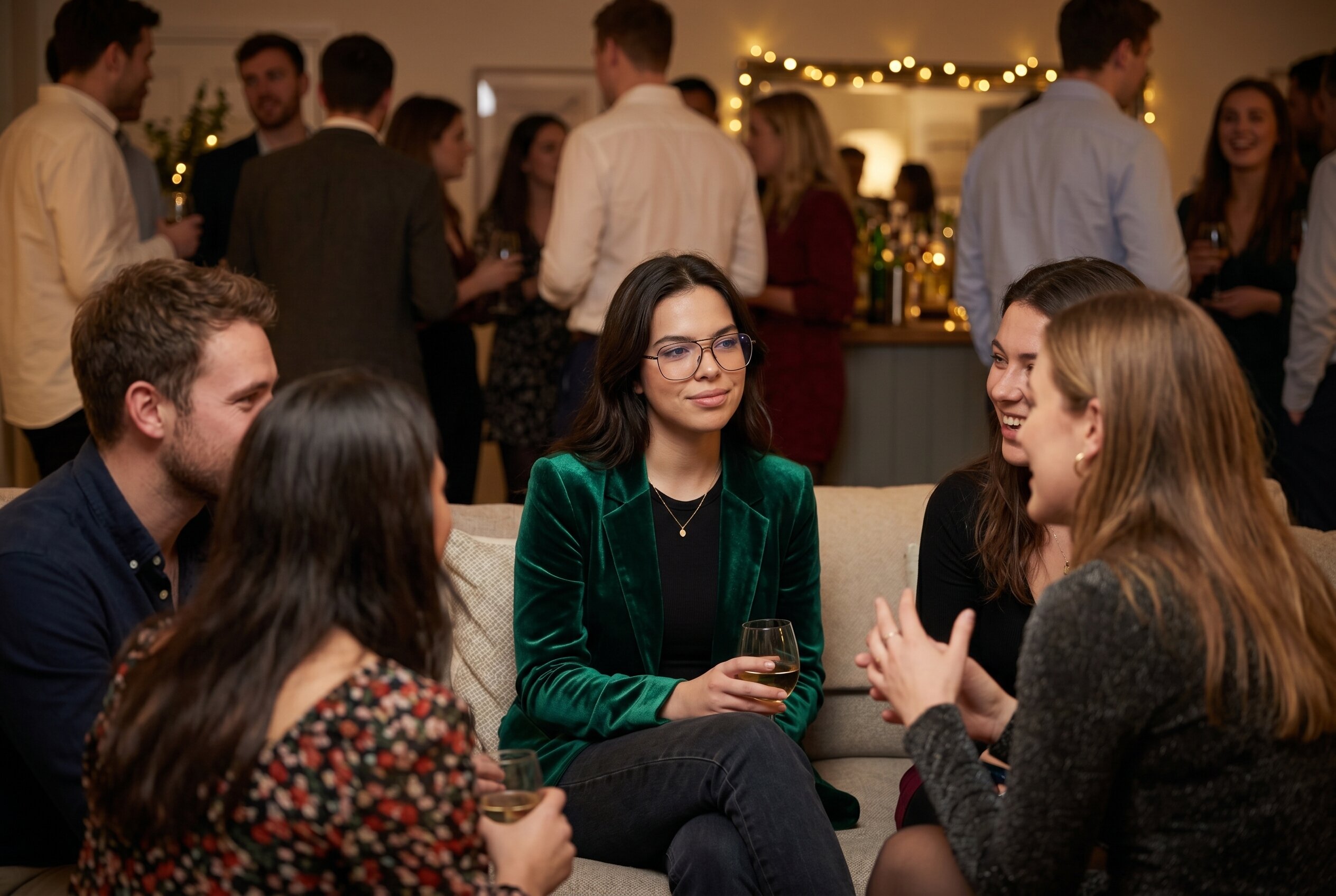 Alex in a green velvet jacket, sitting relaxed in a group at a party, smiling, wine glass in hand — the confident introvert fully present