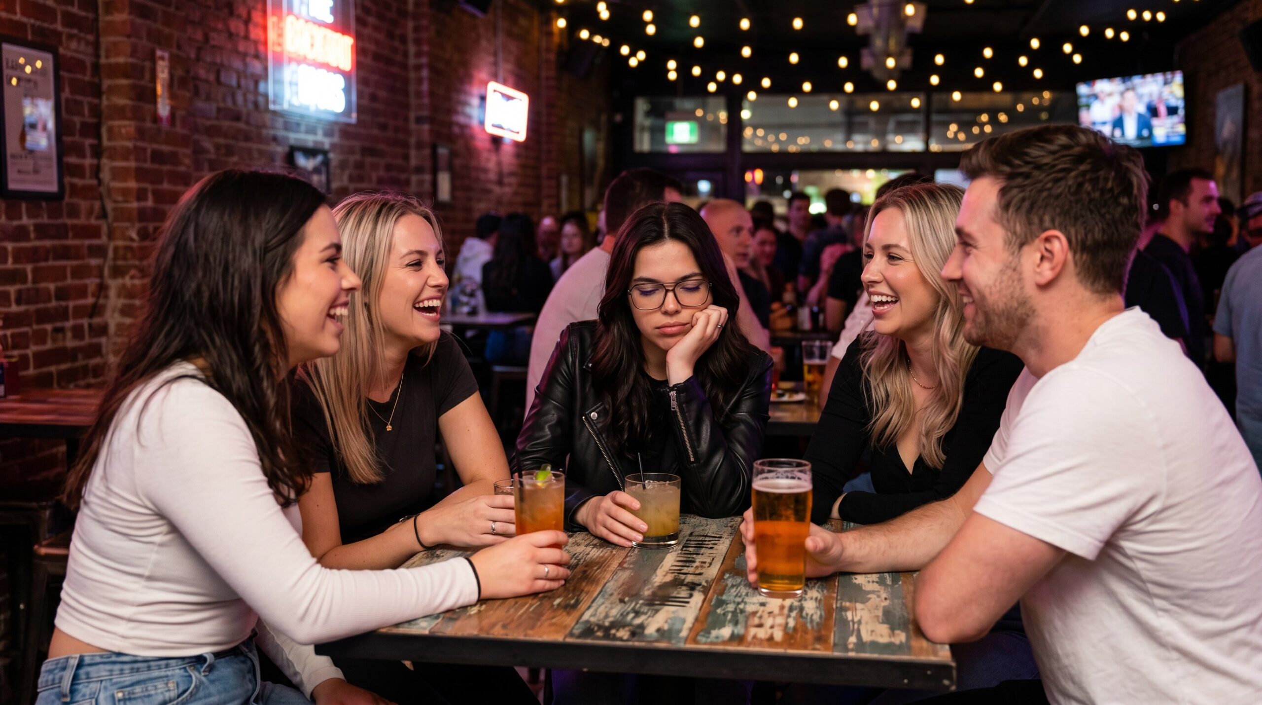 Alex in a black leather jacket at a bar table, surrounded by people laughing and talking, looking inward and disconnected