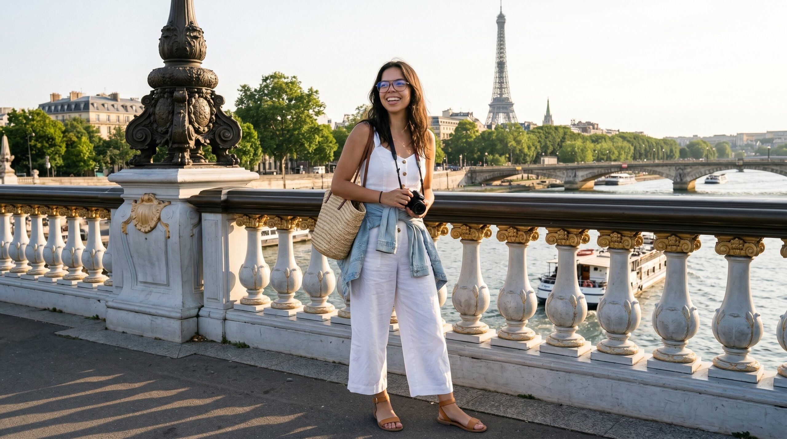 Alex smiling by the Seine in Paris, Eiffel Tower behind her, camera in hand — light, free, genuinely present