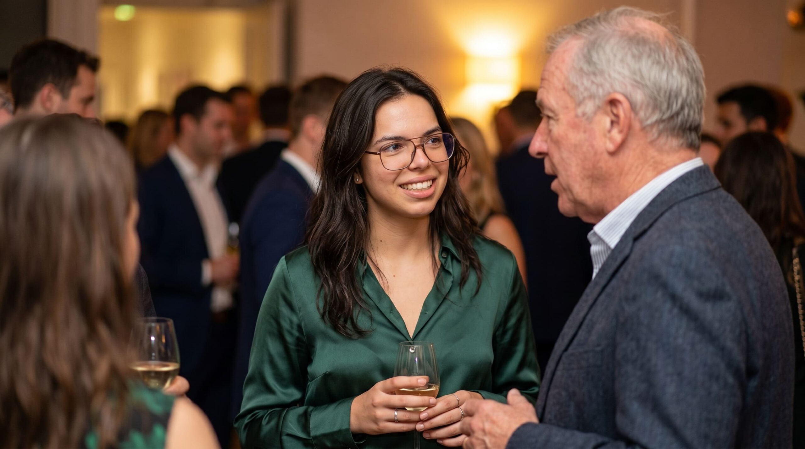 Alex engaged in genuine conversation with someone at a professional event, warm and focused