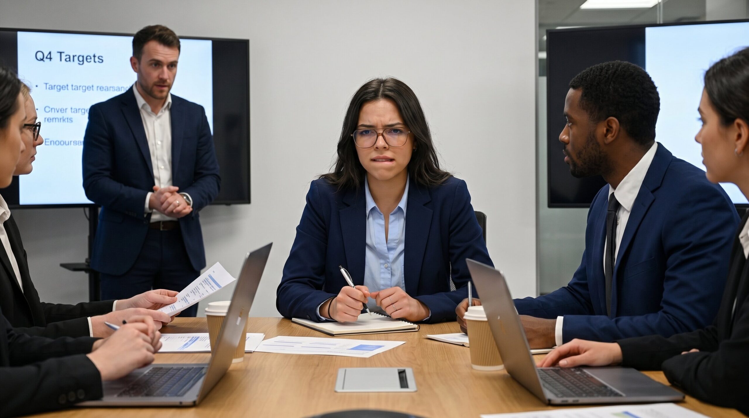 Alex in a meeting room, colleagues around the table, Q4 Targets on the screen — holding it together on the outside while processing on the inside