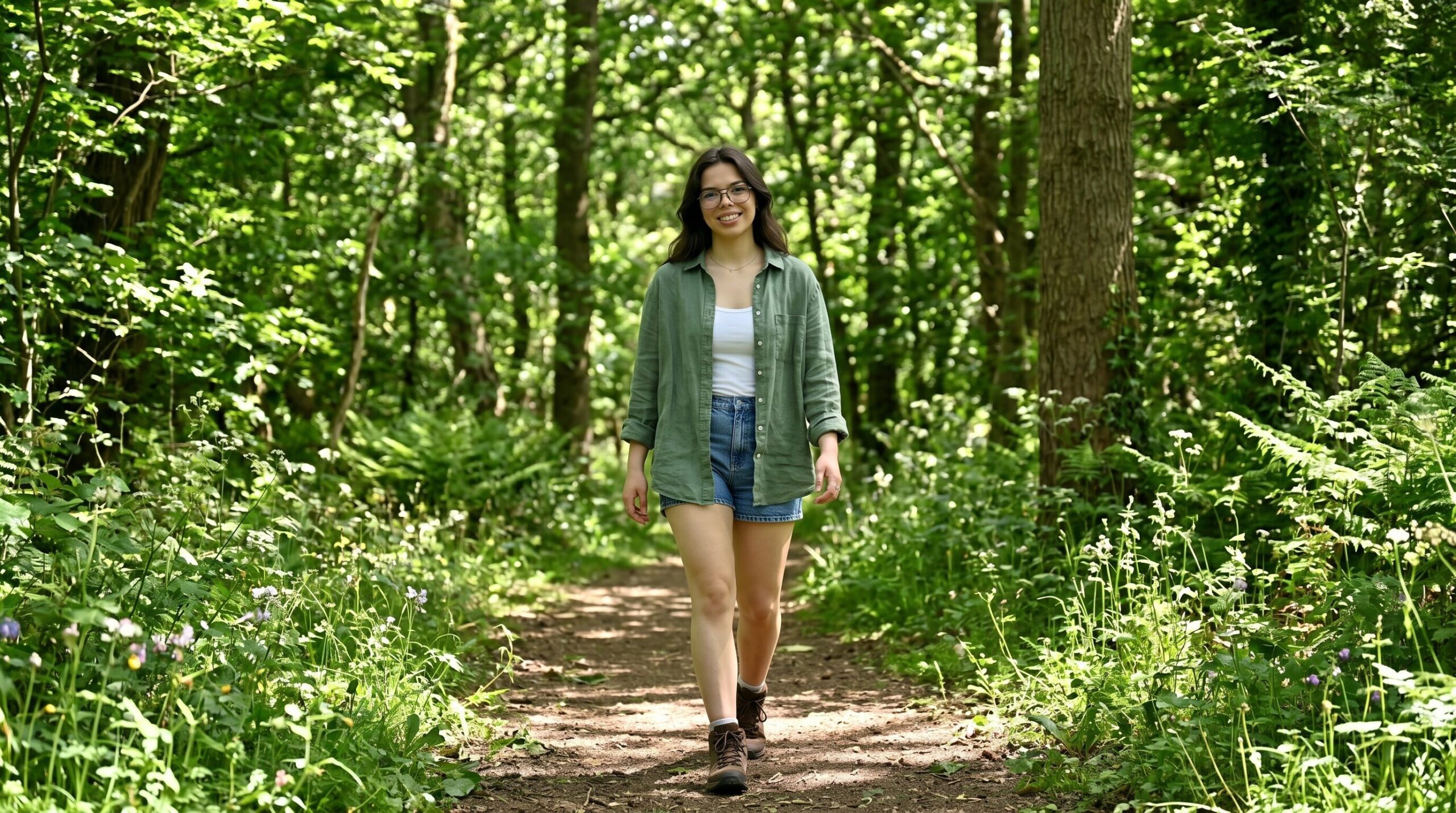 Alex walking alone through a sun-dappled woodland path, surrounded by green trees