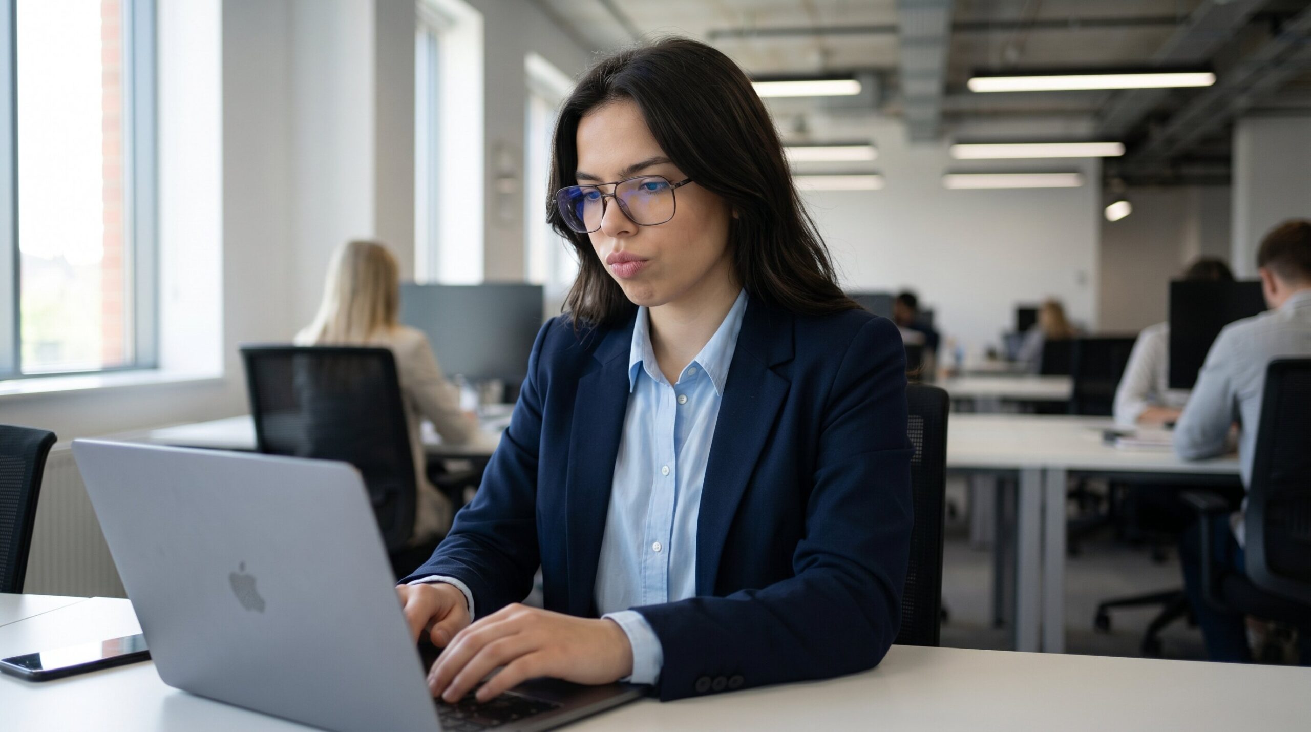Alex focused at her laptop in an open plan office, colleagues working in the background