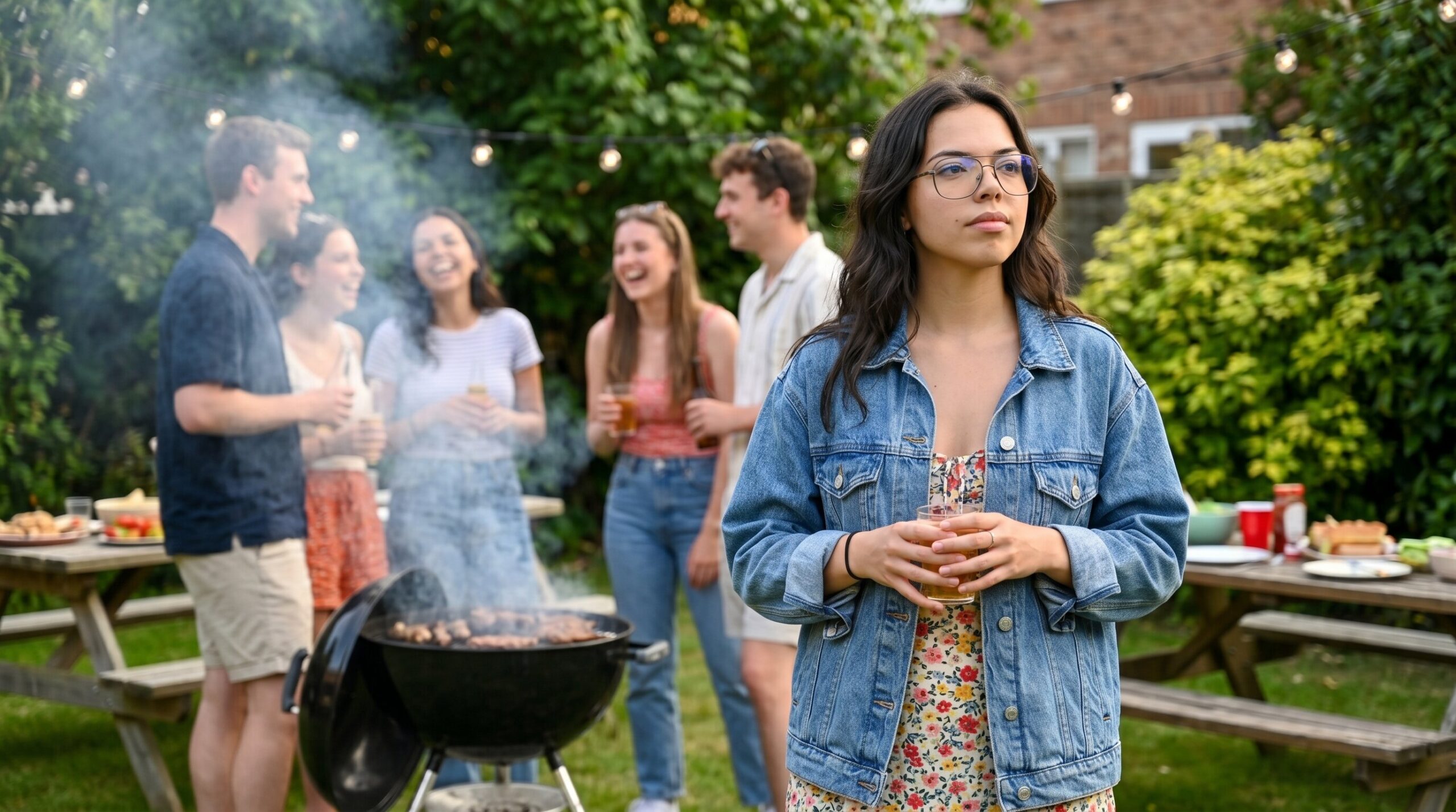 Alex standing thoughtfully at a BBQ, composed and separate, lively group behind her