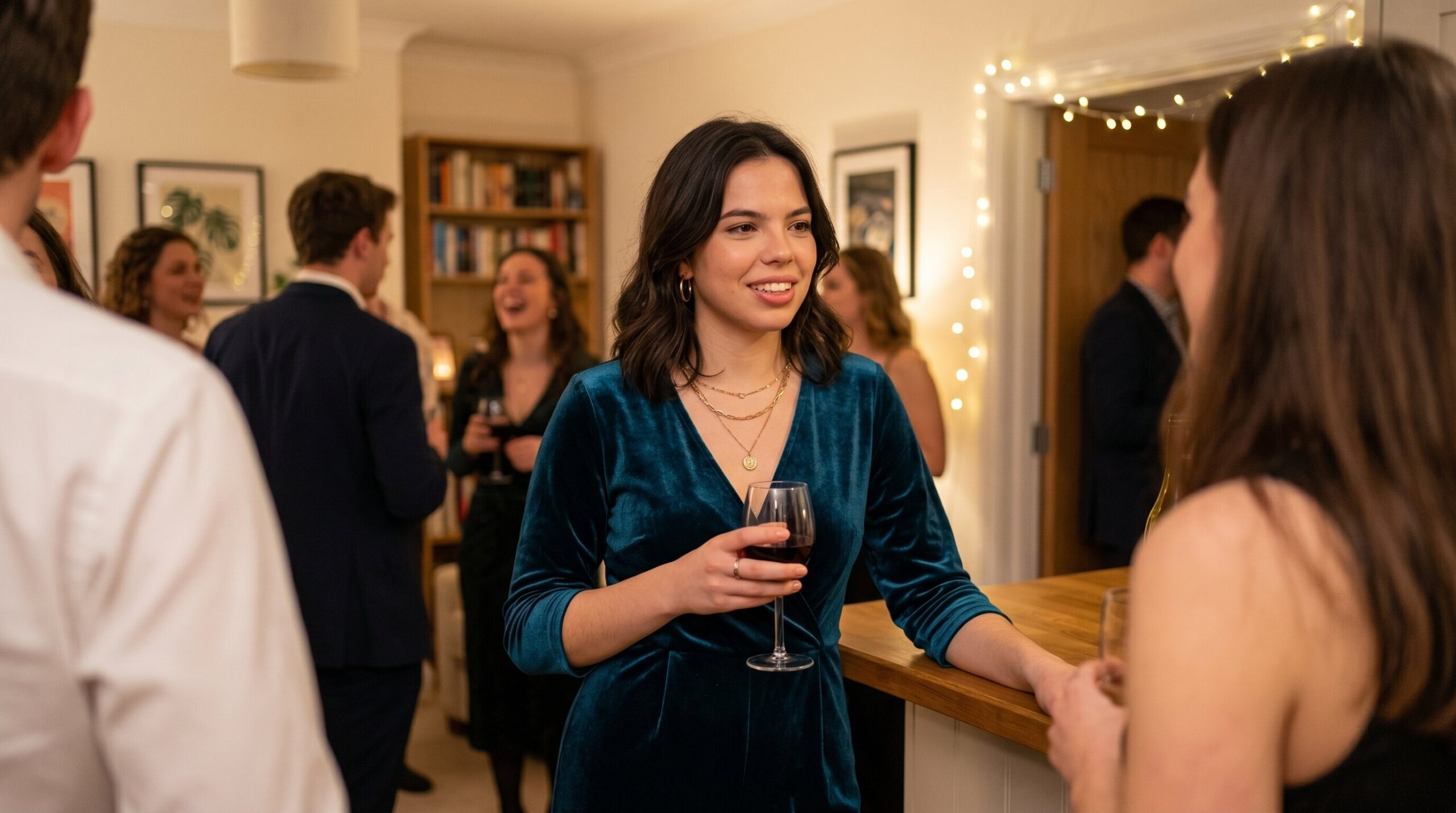 Alex in a teal velvet dress at a work party, holding a wine glass, having a genuine one-on-one conversation at the edge of the room