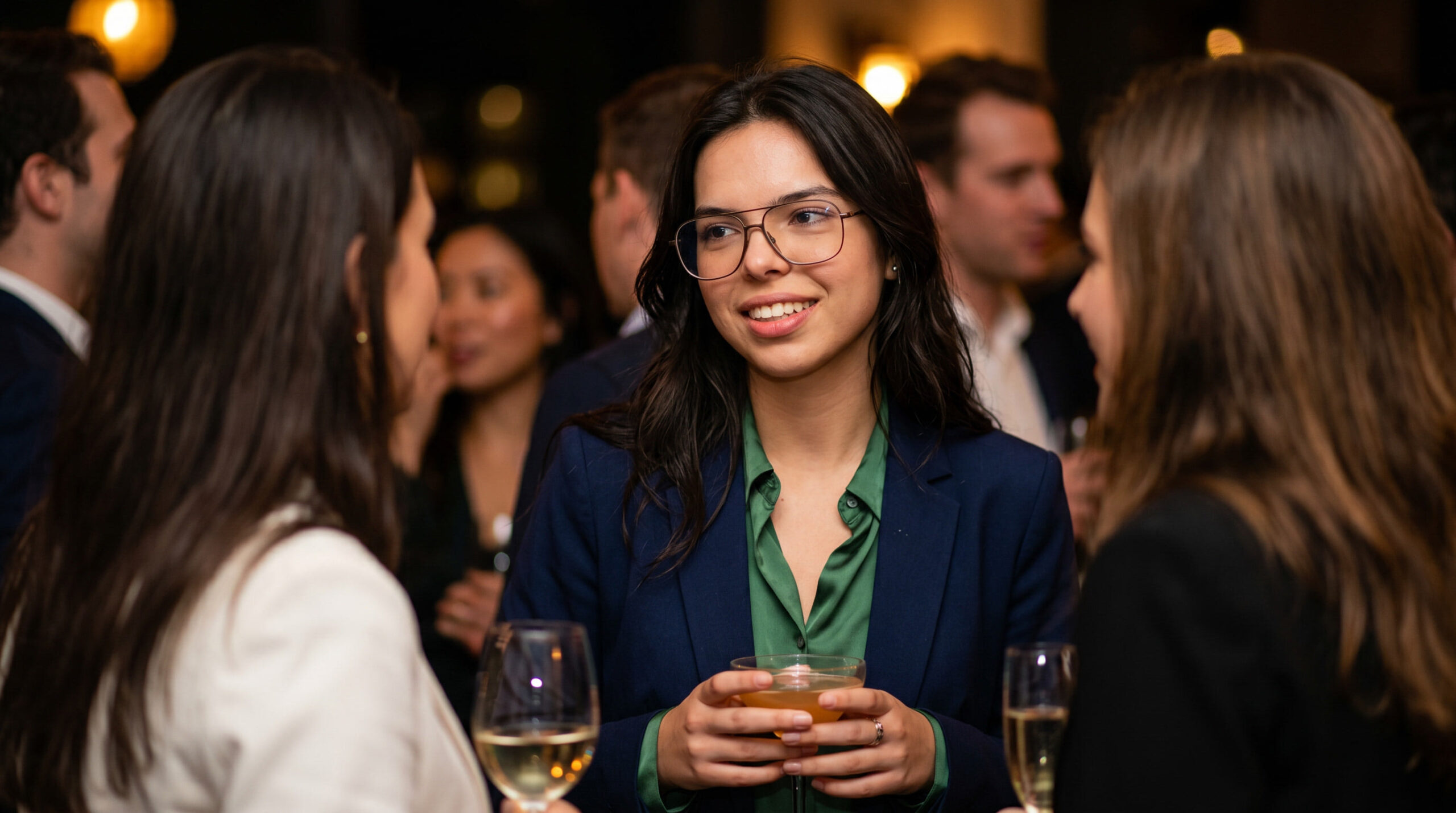 Alex at a social gathering, navigating small talk in a crowded room